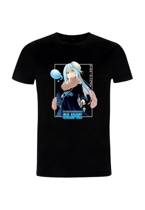Czarny bawełniany t-shirt z kolorową grafiką postaci z anime o niebieskich włosach, ubranej w ciemny płaszcz i szalik oraz z niebieskim dodatkiem w formie bąbelka.