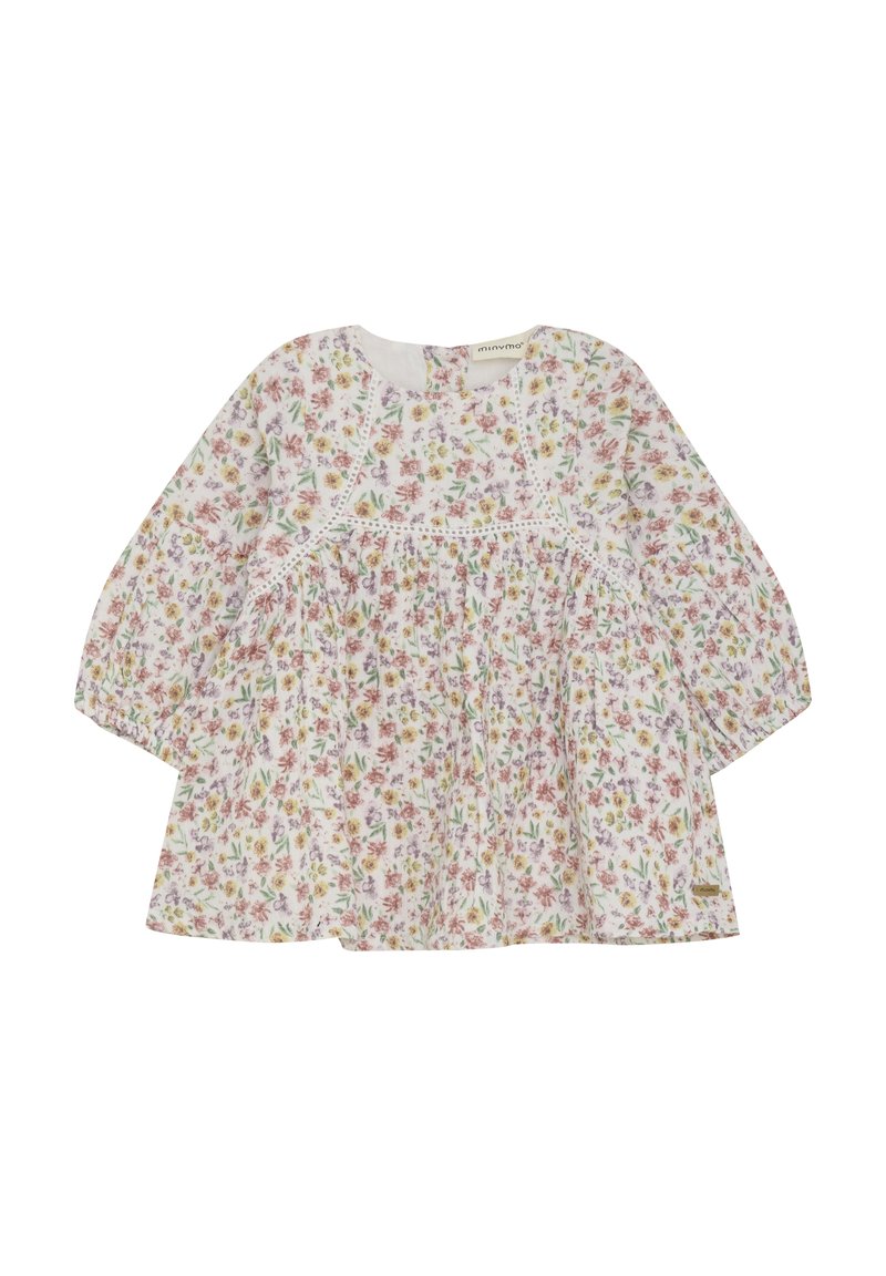 Blomstret kjole lavet af let stof; hvid baggrund med pink, gul og grønne blomster; lange ærmer og samlet liv for volumen.