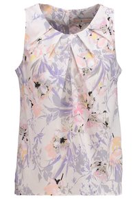Blommig ärmlös topp med en ljus cremefärgad bakgrund och lavendel-, rosa- och gula blommor. Designad med subtila plisseringar vid halsringningen.