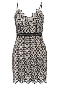Svart spetsklänning med scallopad halsringning och intrikat hjärtformat mönster, med en åtsittande silhuett och tunna, justerbara band.