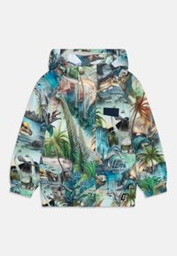 Hooded rain jacket featuring a multicolor dinosaur print, made of lightweight, water-resistant material with snap button closures and textured finish.