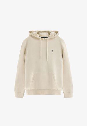 Crème hoodie gemaakt van zachte katoen, met een kangoeroezak, ribgebreide boorden en een klein zwart logo op de linkerborst.
