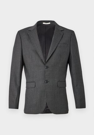 Grau gestreifte Blazer mit zwei Knöpfen, Reverskragen und zwei vorderen Taschen; zeichnet sich durch feine weiße vertikale Linien auf einem dunklen Stoff aus.