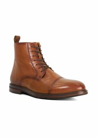 Brown leather ankle boots with a rounded toe, lace-up front, and pull tab. Features contrasting stitching and a durable rubber sole.