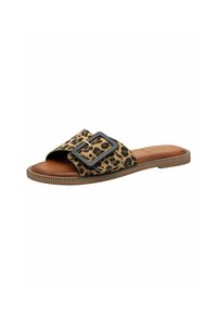 Leopard print slide sandals with a wide strap featuring a large black buckle. Tan footbed and decorative stitching along the sole.