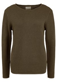 Pull en tricot vert olive avec un motif texturé, manches longues et encolure ronde large. Comprend des détails de couture au niveau de l'ourlet.