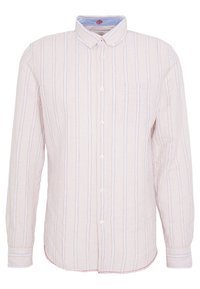 Lichtroze linnen shirt met verticale witte en marineblauwe strepen, button-down kraag, enkele borstzak en afgeronde zoom.