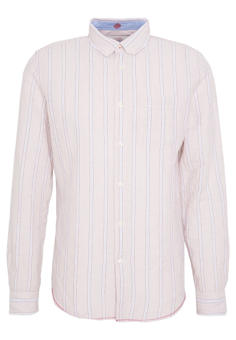 Lichtroze linnen shirt met verticale witte en marineblauwe strepen, button-down kraag, enkele borstzak en afgeronde zoom.