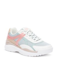 Sneakers con una toma in rete bianca, accenti verde menta e rosa, e un tallone beige. Suola in gomma spessa bianca con grip testurizzato.