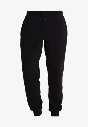 Pantalones de chándal negros hechos de tela suave, con una cintura elástica y cordón, aberturas de pierna ajustadas y bolsillos laterales.
