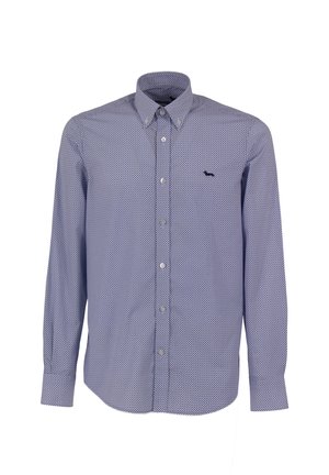 Lange mouwen overhemd in marineblauw met een klein geometrisch wit patroon. Voorzien van een button-down kraag en een zwart logo accent op de borst.