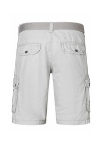 Gray cargo shorts with a textured pattern, featuring two back pockets and side cargo pockets, secured with buttons and a belt loop waist.