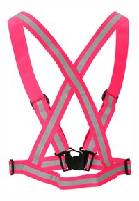 Vaaleanpunainen heijastava turvavaljaat harmailla raidoilla, joissa on säädettävät soljet ja ristirakenteinen muotoilu. Valmistettu kestävästä, tekstuurista nailonista.