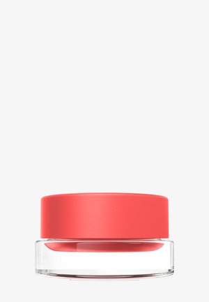 Heldere ronde glazen pot met een brede, koraalrode deksel, gesloten weergegeven tegen een witte achtergrond.