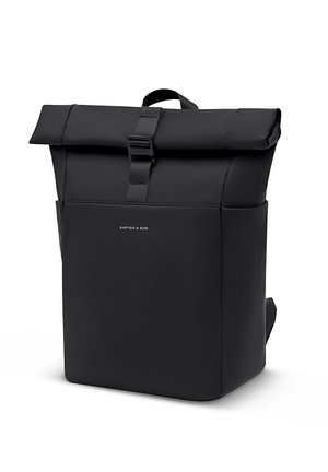Black roll-top backpack with a front buckle and a small "Kapten & Son" logo on the front pocket, standing upright on a white background.