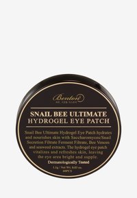 Schwarzer runder Behälter mit der Aufschrift "Snail Bee Ultimate Hydrogel Eye Patch." Enthält 60 Patches, aufgeführte Inhaltsstoffe sind Schneckensekret und Bienengift.