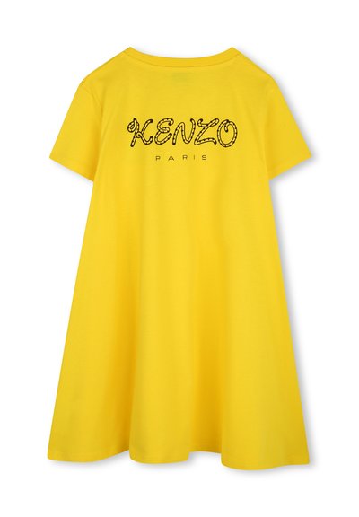 Geel katoenen jurk met een comfortabele fit, korte mouwen en een groot zwart gedrukt logo op de achterkant met de tekst "KENZO PARIS."