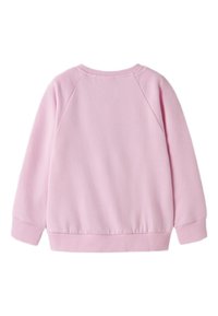 Sweat-shirt rose avec une texture douce, poignets et ourlet côtelés. Présente un col rond et des manches raglan. Pas de motifs ou graphiques visibles.