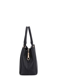 Borsa a tracolla nera in pelle con finitura texturizzata, dotata di doppio manico e chiusura con zip in tonalità oro. Forma arrotondata, design minimalista.