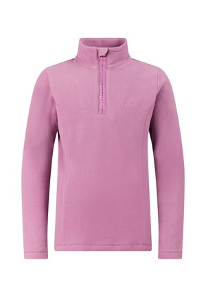 Fleece pullover met lange mouwen in mauve, met een hoge kraag en een halve ritssluiting aan de voorkant met het woord "protect" op de ritssluitingflap.