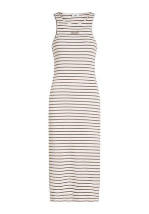 Juostuota midi suknelė smėlio ir rudos spalvos, pagaminta iš banguoto audinio. Suknelė be rankovių su apvaliu kaklu. Mažas logotipas krūtinės srityje.