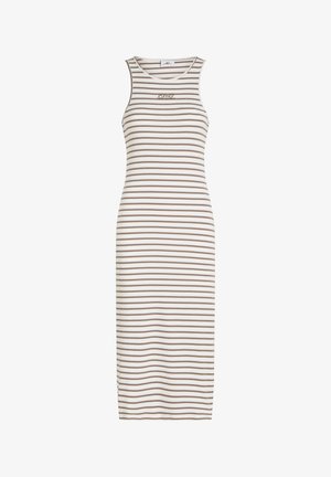 Vestido midi a rayas en beige y marrón, hecho de tela acanalada. Presenta un diseño sin mangas y cuello redondo. Pequeño logo en el pecho.