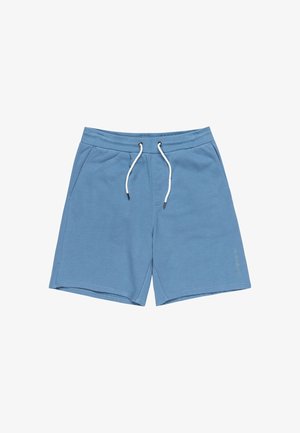 Light blue cotton shorts with elastic waistband, white drawstring, two side pockets, and logo accent on the left leg.