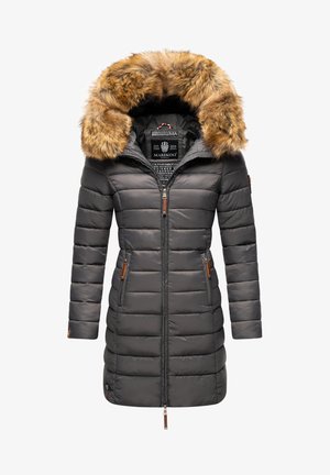 Hallide hall Gray puffermi mantel suure vale karvaga kapuutsiga. Omab tõmblukuga sulgemist, kahte esist taskut pruuni aktsendiga ja vertikaalset õmbluse detaili.