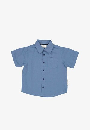 Lasten lyhythihainen sininen nappipaita, jossa on kaulus ja rintatasku, tasaisesti aseteltu valkoisella taustalla.