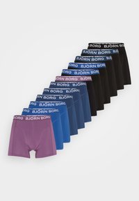 Ten pairs of BJÖRN BORG boxer shorts in varying colors: purple, blue, dark blue, and black. Each features a branded waistband. Cotton material.