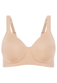 Sostenedor beige con copas acolchadas y lisas y tirantes ajustables. Sin costuras visibles ni adornos, con un diseño clásico.