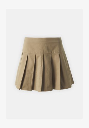 Khaki voltidega seelik, millel on sobituv vöökoht, valmistatud puuvillast kangast, millel on ühtlane tekstuur ja laiendatud, lühike disain.