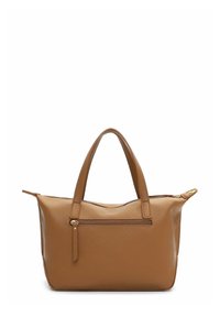 Brązowa skórzana torebka o fakturowanym wykończeniu, z dwoma solidnymi uchwytami, przednią kieszenią na zamek oraz złotym akcentem zamka, o zwężającym się kształcie.