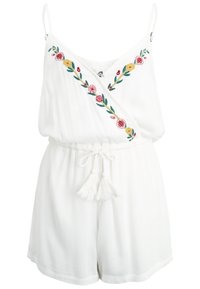 Mono sin mangas blanco con bordado floral en el escote en forma de V, tirantes ajustables y cintura con cordón ajustable con borlas.