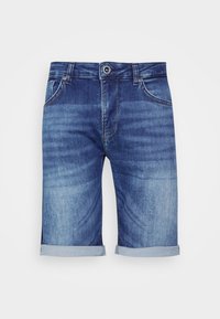 Shorts in denim blu chiaro con una leggera scoloritura, caratterizzati da un orlo arrotolato, design a cinque tasche e chiusura con bottone in metallo.