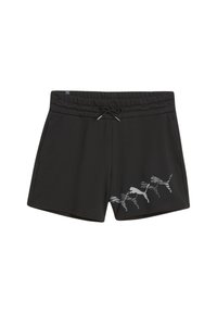 Pantalones cortos atléticos negros con una cintura ajustable mediante cordón, que presentan un patrón gráfico reflectante de siluetas en un lado. Tejido suave y texturizado.
