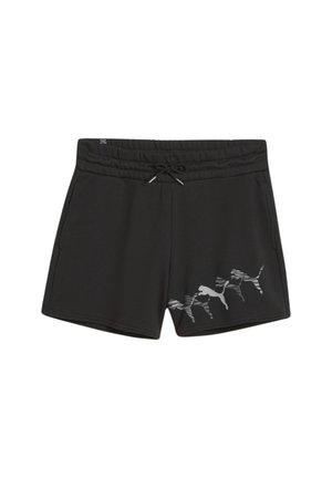 Pantalones cortos atléticos negros con una cintura ajustable mediante cordón, que presentan un patrón gráfico reflectante de siluetas en un lado. Tejido suave y texturizado.