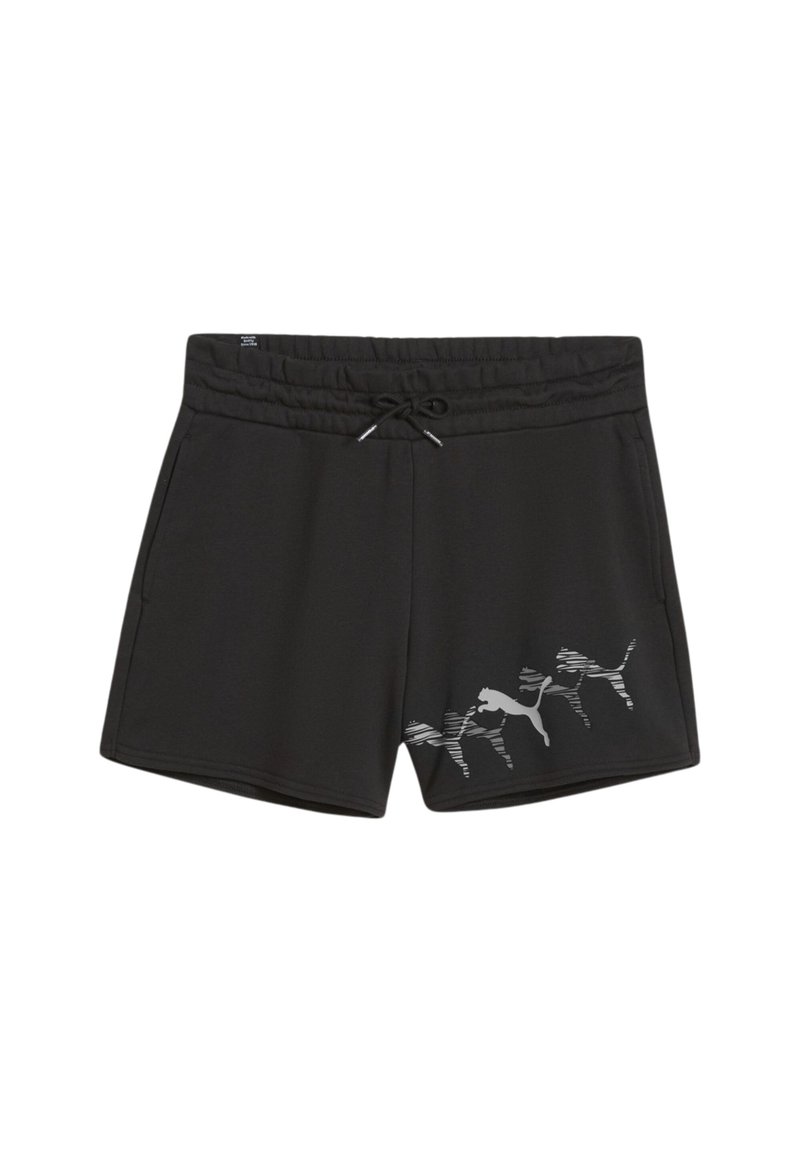 Pantalones cortos atléticos negros con una cintura ajustable mediante cordón, que presentan un patrón gráfico reflectante de siluetas en un lado. Tejido suave y texturizado.