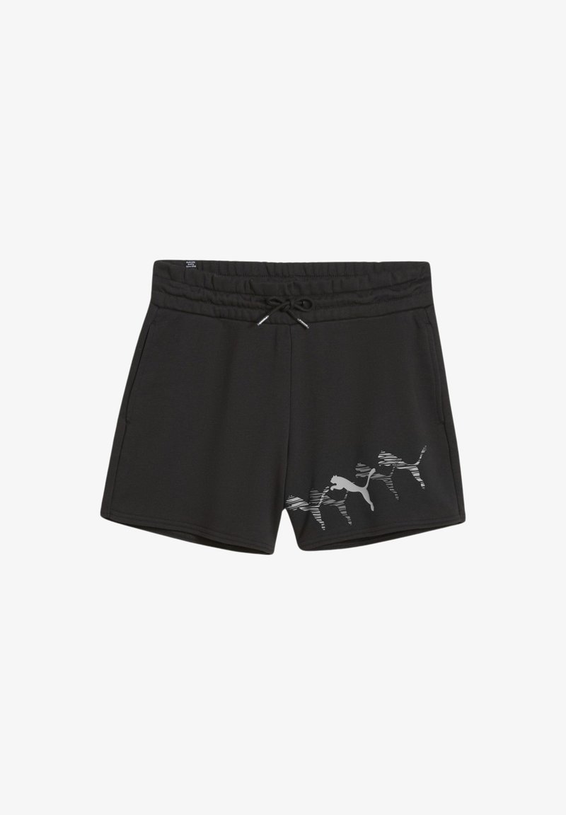 Pantalones cortos atléticos negros con una cintura ajustable mediante cordón, que presentan un patrón gráfico reflectante de siluetas en un lado. Tejido suave y texturizado.