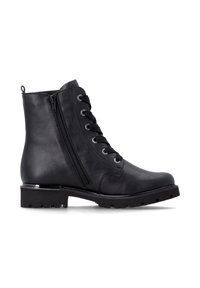 Bottine noire en cuir avec lacets sur le devant, fermeture éclair latérale, languette à l'arrière et semelle épaisse à crampons.