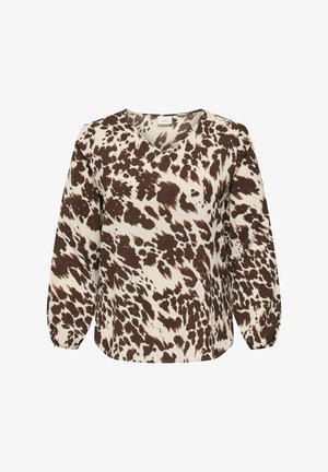 Blouse à manches longues avec un décolleté en V en crème avec un imprimé abstrait marron, en tissu texturé et avec des manches froncées.