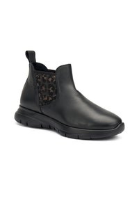 Botines de cuero negro con un panel lateral elástico texturizado y patterned, y una suela de goma flexible para mayor comodidad y facilidad de uso.