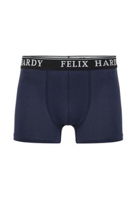 Shorts boxers bleu marine en tissu lisse avec une taille noire portant l'inscription "FELIX HARDY" en lettres blanches. Coupe classique sans motifs.