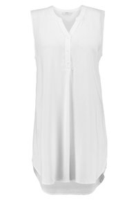 Blusa túnica blanca sin mangas con tapeta de botones y dobladillo curvado. Confeccionada en tejido liso y ligero, con un ajuste relajado.
