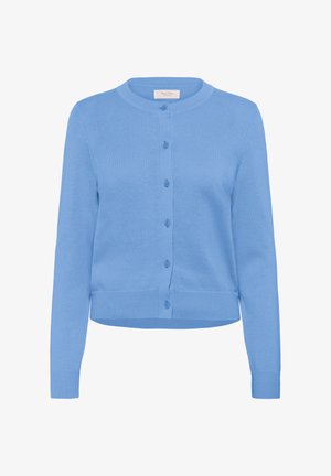 Šviesiai mėlynas kardiganas, pagamintas iš minkšto mezginio audinio. Turi apvalų iškirpimą, priekinius mygtukus ir raukšlėtus rankogalius bei apatinę dalį.