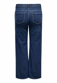 Tumši zili džinsi ar plašu kāju un augstu jostasvietu, ar divām aizmugurējām kabatām un niansētām šuvju detaļām.