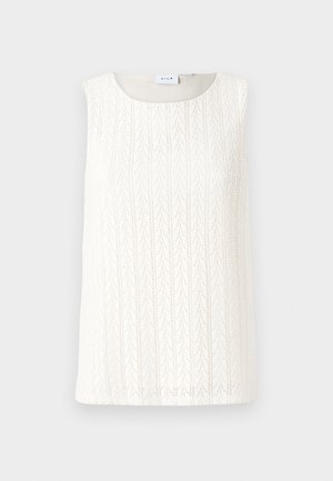 Krémový top bez rukávov s textúrovaným pleteným vzorom, okrúhlym výstrihom a surovými okrajmi. Jednoduchý dizajn a ľahký materiál. Neobsahuje žiadne viditeľné kovania.