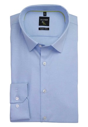 Chemise pour homme bleu clair pliée avec boutons et col pointu, étiquetée Olymp N6 six super slim taille 41.