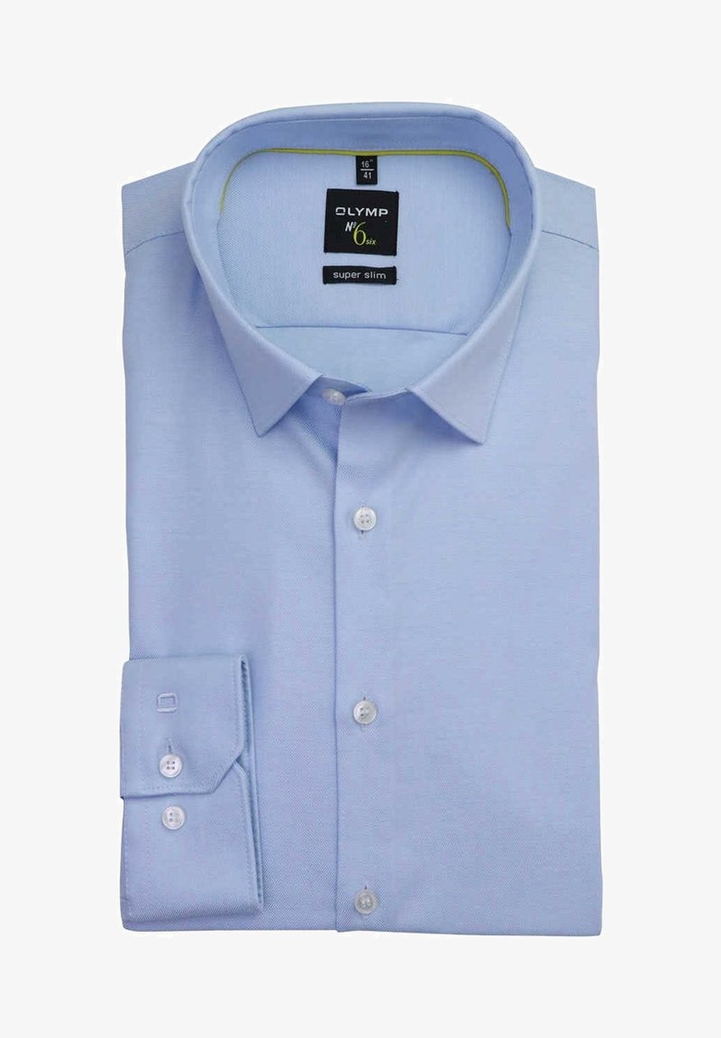 Chemise pour homme bleu clair pliée avec boutons et col pointu, étiquetée Olymp N6 six super slim taille 41.