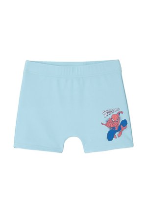 Hellblaue Kinder-Badeshorts mit einer Spider-Man-Grafik und Text auf dem unteren rechten Bein.